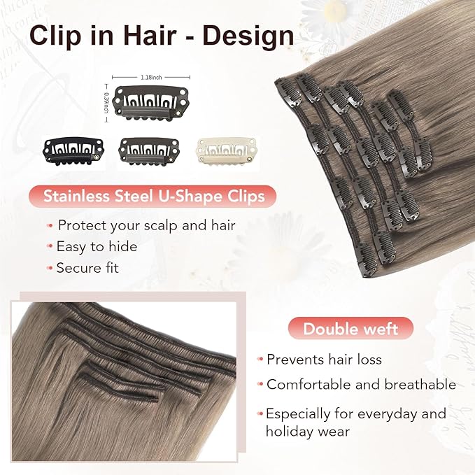 XDhair Hair Extensions Clip in Human Hair 120g 20 Inch Ash Brown to Platinum Blonde Human Hair Clip in Extensions Double Weft 6pcs for Women(20, #8T60)