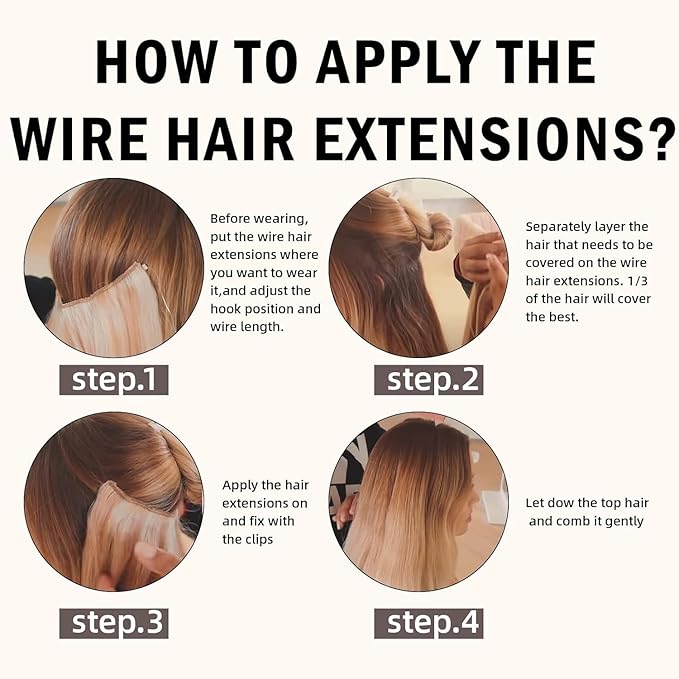 RUNATURE Wire Hair Extensions, Bleach Blonde Human Hair Extensions with Fish Line, Secret Clip in One Piece Extensions, Natural Remy Hair, Can Be Styled, 20 Inch 100g #24