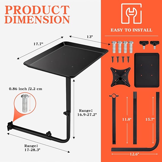 Modern Salon Chair Tray, 360 Rotatable Metal, Black, Depth: 17.7 inches, Width: 28.3 inches, Height: 23.6 inches, Adjustable Height, Foldable Arm Rest, Hair Styling, Beauty Services