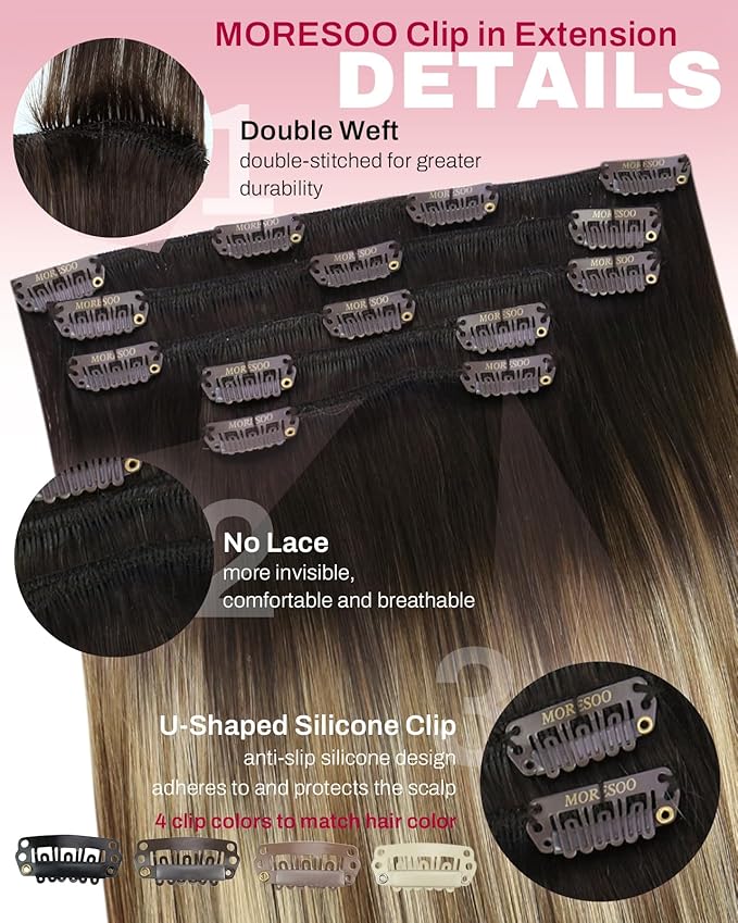 Moresoo Real Hair Extensions Clip in Human Hair Balayage Dark Brown to Medium Brown with Bleach Blonde Ombre Clip on Hair Extensions Human Hair Straight 5 Pieces 80G 14 Inch