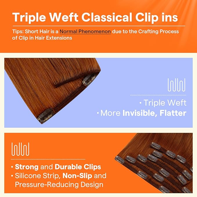 Full Shine Copper Clip in Hair Extensions Invisible Clip in Extensions for Women Light Copper Hair Extensions Triple Weft 20 Inch 7 Pcs 120 G