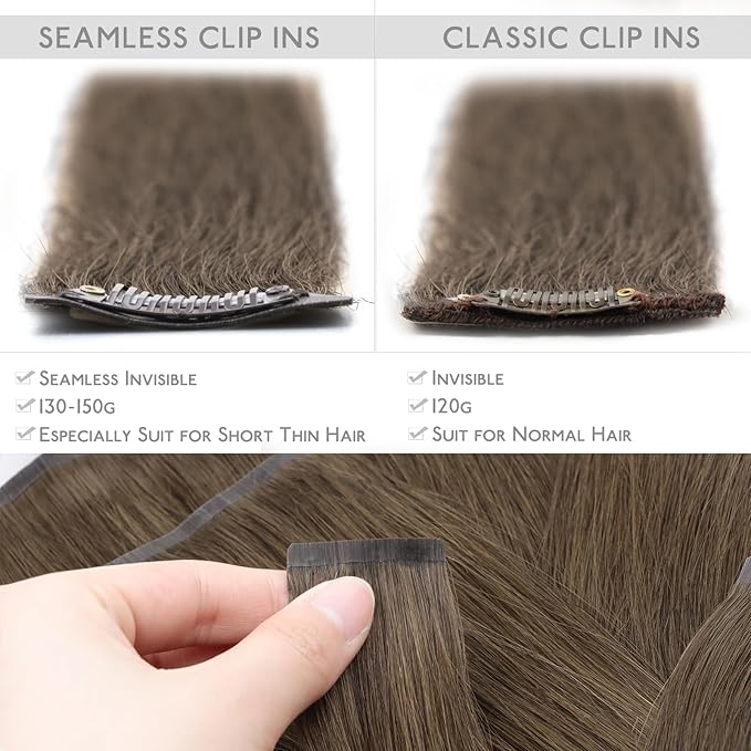 WENNALIFE Seamless Clip In Hair Extensions Human Hair, 16 Inch 130g 7pcs Light Ash Brown Real Hair Extensions Clip in Human Hair Invisible PU Skin Weft Natural Remy Human Hair Extensions