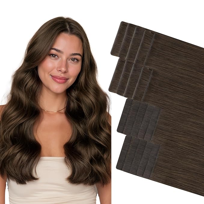 GOO GOO Invisi Edge Tape in Hair Extensions Human Hair, 2A Light Brown 10pcs injected with 10pcs classical tape ins, 24inch 50g, Virgin Remy Hair, Natural Look