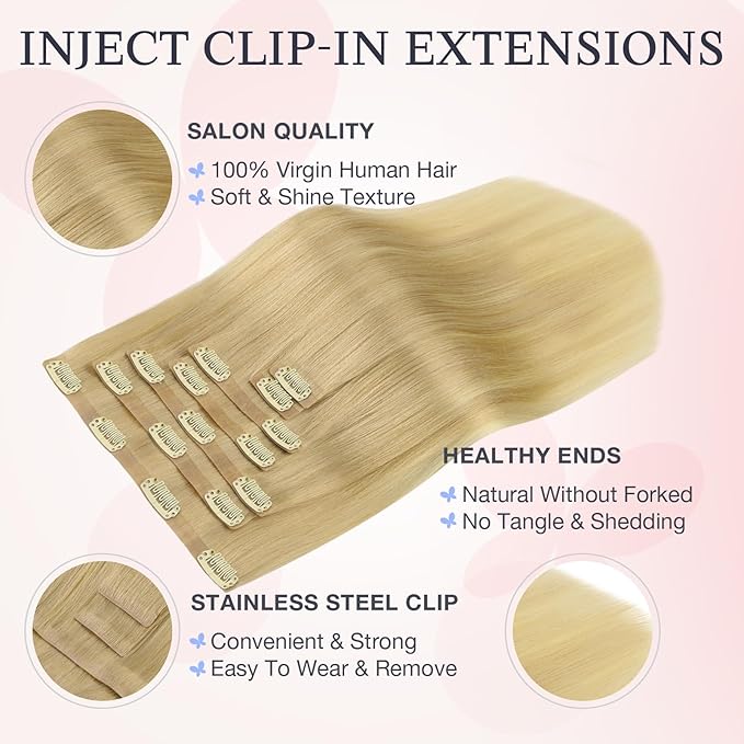 DOORES Clip in Hair Extensions Real Human Hair 16 inch 110g 7pcs Invisible Human Hair Extensions Clip ins, Injected Seamless PU Clipins Invisi Edge, 18A/60 Drity Blonde Mixed Platinum Blonde