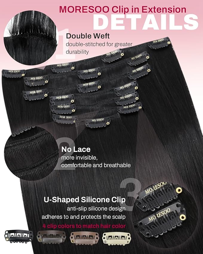 Moresoo Clip in Hair Extensions Black Natural Human Hair Clip in Extensions Double Weft Clip on Hair Extensions Off Black #1B 7pcs/120g 16 Inch