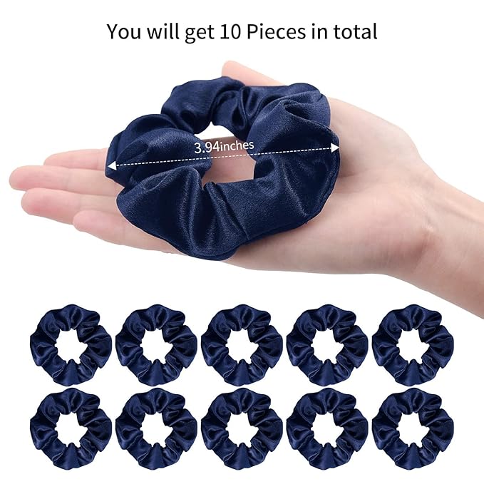 CEELGON Silk Scrunchies for Women Satin Scrunchies Silk Hair Ties Elastic Thick Hair Scrunchie 10 Pack (Navy)