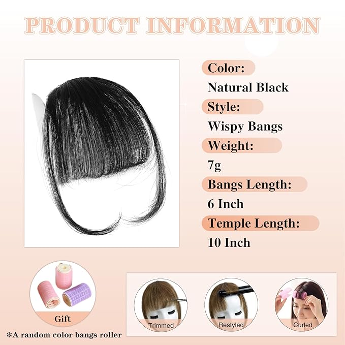 NAYOO Bangs Hair Clip in Bangs 100% Real Human Hair Extensions Natural Black Wispy Bangs Clip on Air Bangs for Women Fringe with Temples Hairpieces Curved Bangs for Daily Wear