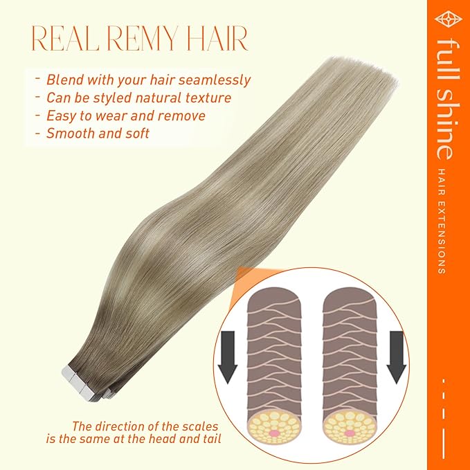 Full Shine Tape in Hair Extensions Human Hair 14 Inch Seamless Tape in Extensions Color 19 Grey Fading to 8 Ash Brown and 60 Blonde Remy Hair Extensions Real Human Hair 50G for Wedding 20Pcs