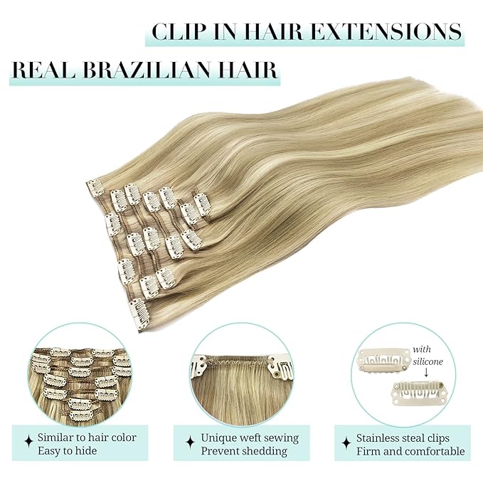 DOORES Hair Extensions Real Human Hair, Light Blonde Highlighted Golden Blonde 12 Inch 80g 7pcs, Remy Hair Extensions Clip in Human Hair Extensions Human Hair Natural Silky Straight