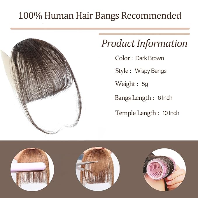 Clip In Bangs-Fake Bangs Hair Clip Dark Brown Clip On Bangs Real Human Hair Air Curtain Bangs For Women Clips Wispy Bangs Hair Extensions Fringe With Temples Hairpieces Curved Bangs For Daily Wear