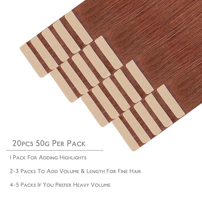 WENNALIFE Tape in Hair Extensions Human Hair, 20pcs 50g 22 inch Dark Auburn Copper Remy Hair Extensions Straight Human Hair Tape in Extensions Skin Weft Tape Extensions Human Hair