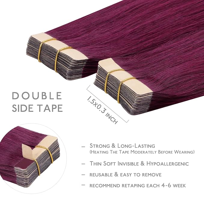 WENNALIFE Tape in Hair Extensions Human Hair, 20pcs 30g 10 inch Light Burgundy Remy Hair Extensions Straight Human Hair Tape in Extensions Skin Weft Tape Extensions Human Hair