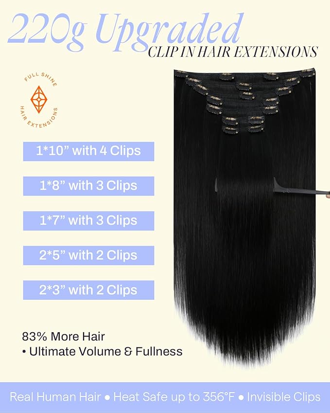 Full Shine Jet Black Clip in Hair Extensions Human Hair 22 Inch 220 G Human Hair Clip ins for Black Women for Volume 7 Pcs