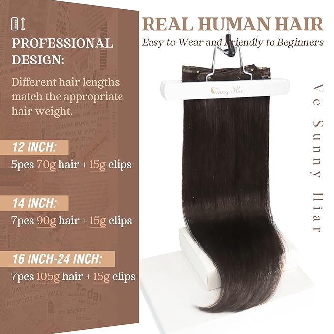 Ve Sunny Clip in Human Hair Extensions Dark Brown Clip in Hair Extensions Real Human Hair Soft Real Hair Extensions Clip in Human Hair Natural Look 120g 7pcs 18inch