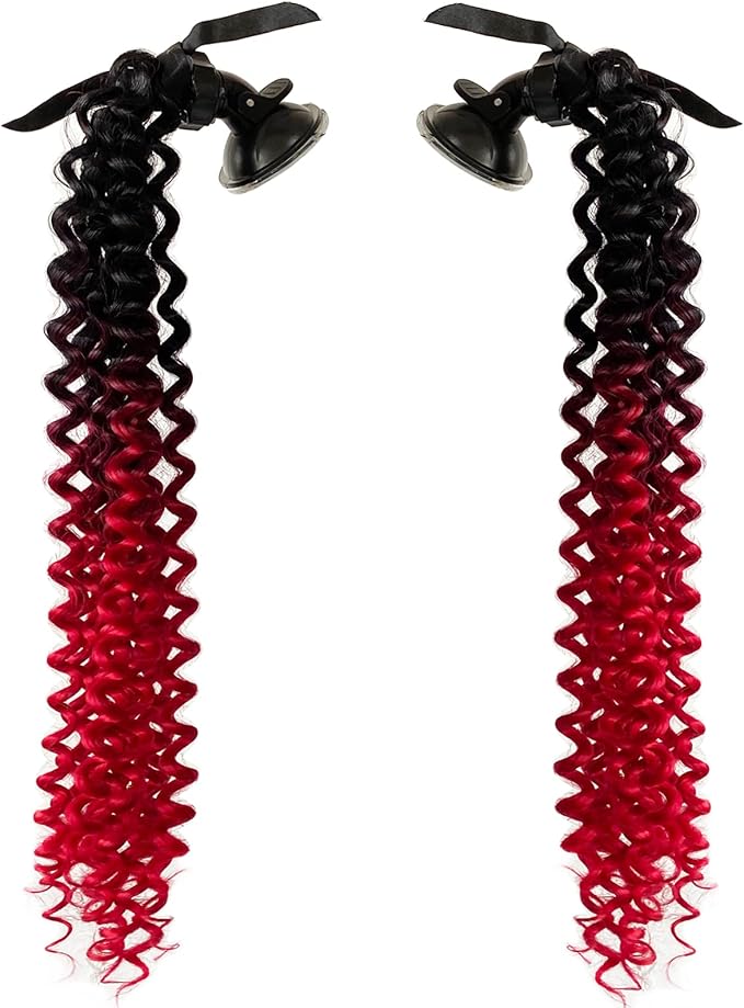 Helmet Pigtails Gradient Ramp Helmet Curly Ponytail Helmet Hair with Suction Cup for Motor Bike 2PCS (Helmet not Included) (Black deep red)