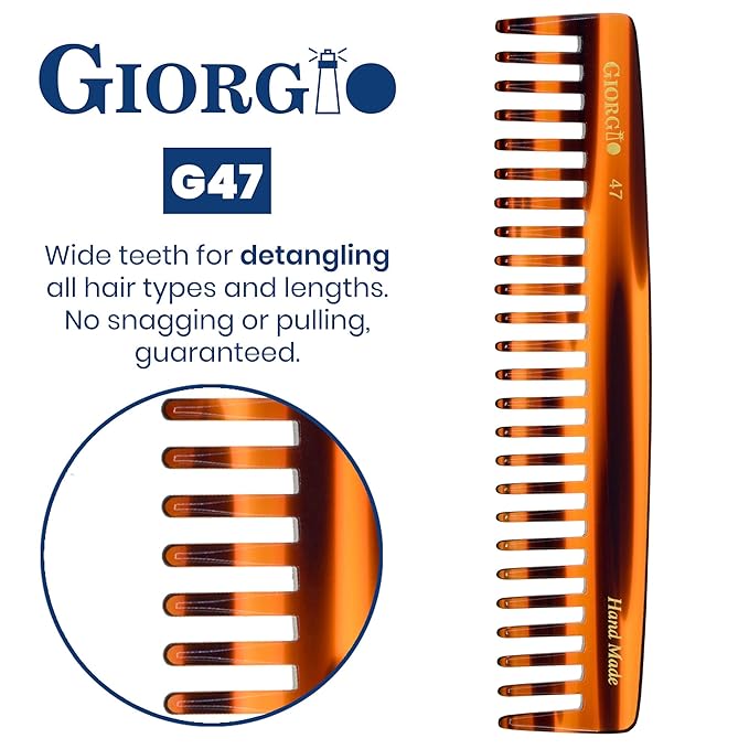Giorgio G47 Large 6 Inch Detangling Comb, Wide Teeth for Thick Curly Wavy Hair. Long Hair Detangler Comb For Wet and Dry. Handmade of Quality Cellulose, Saw-Cut, Hand Polished, Tortoise Shell