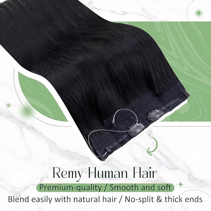 RUNATURE Wire Hair Extensions Real Human Hair 18 Inch, Invisible Fish Line Hair Extensions Straight Soft Hair, Black One Piece 80g #1 Jet Black
