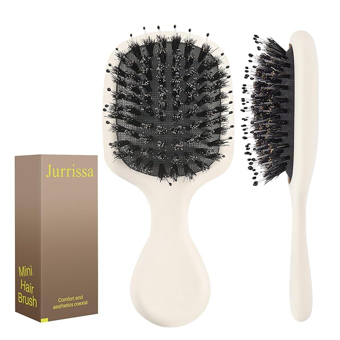 Mini Boar Bristles Hair Bursh, Travel Size Hair Brush for Women Men Kids, Protable Small Hair Brushes for Pockets Purses, Mini Hair Brush for Smooth Add Shine (White)