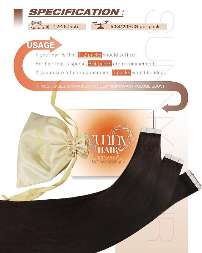 Sunny Hair Tape in Hair Extensions Real Human Hair Invisible Remy Hair Extensions Tape ins for Women Darkest Brown 12 inch 20Pcs