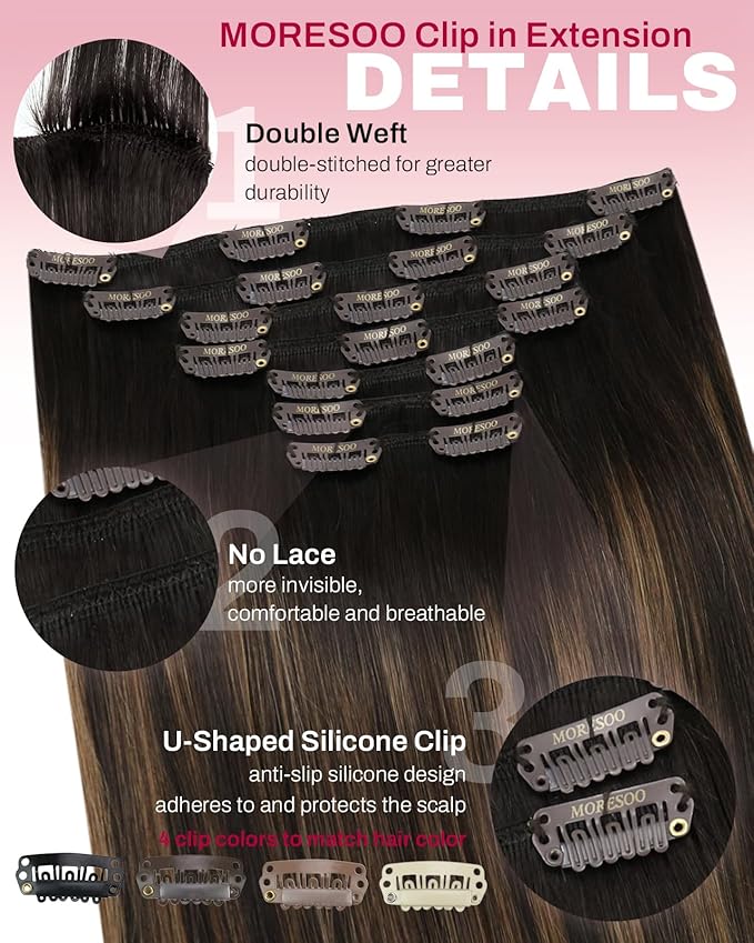 Moresoo Clip in Hair Extensions Real Human Hair Balayage Double Weft Clip in Extensions Ombre Dark Brown Mixed with Chestnut Brown Hair Extensions Clip ins Human Hair 7pcs/150g 20inch