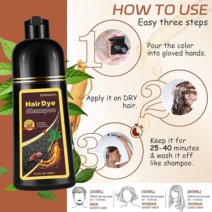 Instant Dark Coffee Hair Dye Shampoo for 100% Gray Hair Coverage, Natural Herbal Hair Color Shampoo Hair Dye, 3 in 1 Coloring & Care Formula Lasts 3-4 Weeks, Easy & Quick to Use for Women Men, 500ML