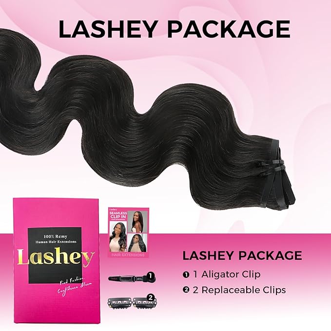 Lashey Seamless Clip in Hair Extensions Human Hair 130g 7pcs Body Wave Thick Remy Human Hair Extensions 24 Inch Natural Black Clip ins with Full End