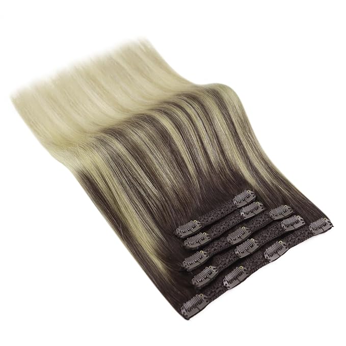 Ve Sunny Clip in Human Hair Extensions Ombre Clip on Hair Extensions Real Human Hair Extensions Clip ins Dark Brown Ombre Dark Golden Blonde Balayage Light Blonde for Women 120g 7pcs 16inch