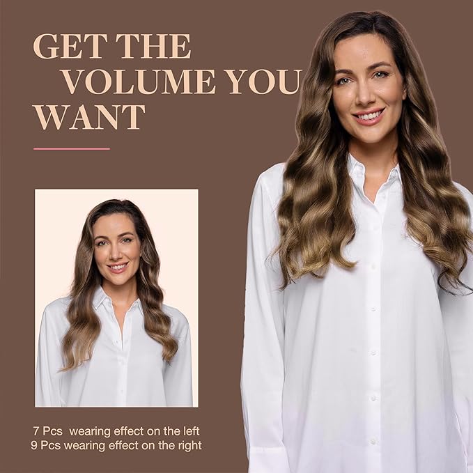 GOO GOO Clip in Hair Extensions Real Human Hair, Remy Human Hair Extensions Clip ins for Women, Natural Human Hair, 24inch 240g 9Pcs, #4/27/4 Balayage Chocolate Brown to Caramel Blonde