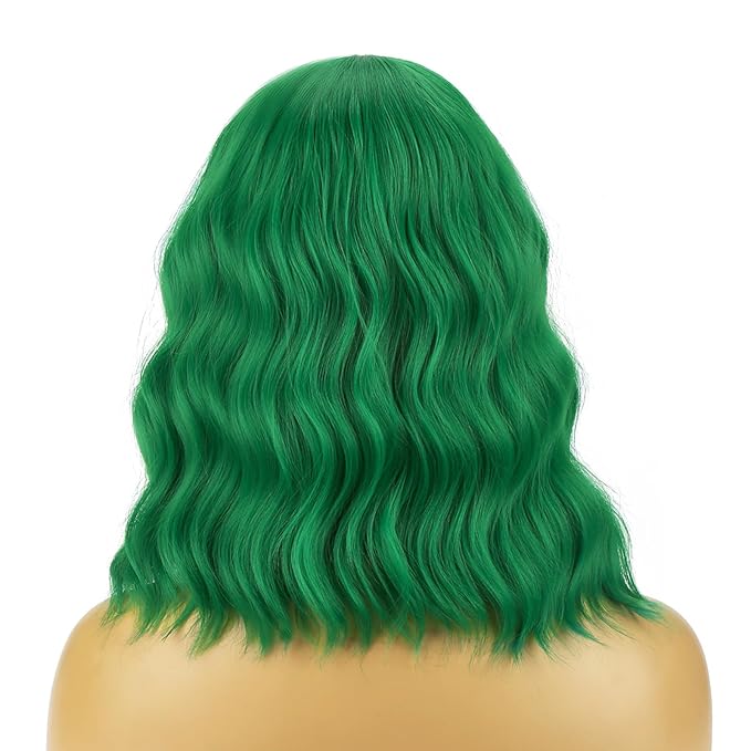 BERON 14 Inches Emerald Green Wig for Women Short Curly Green Wigs with Bangs for Daily Party Hairnet Include