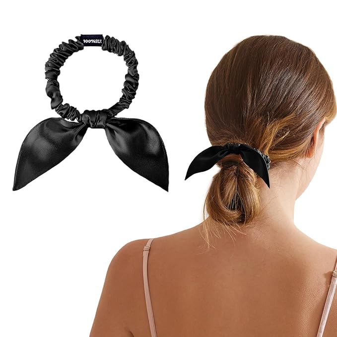 THXSILK Hair Silk Scrunchies with Bow for Women Pure Mulberry Silk Hair Cute Ring Ties Scrunchies for Girls Women's Thick Hair, Black, 2.8"