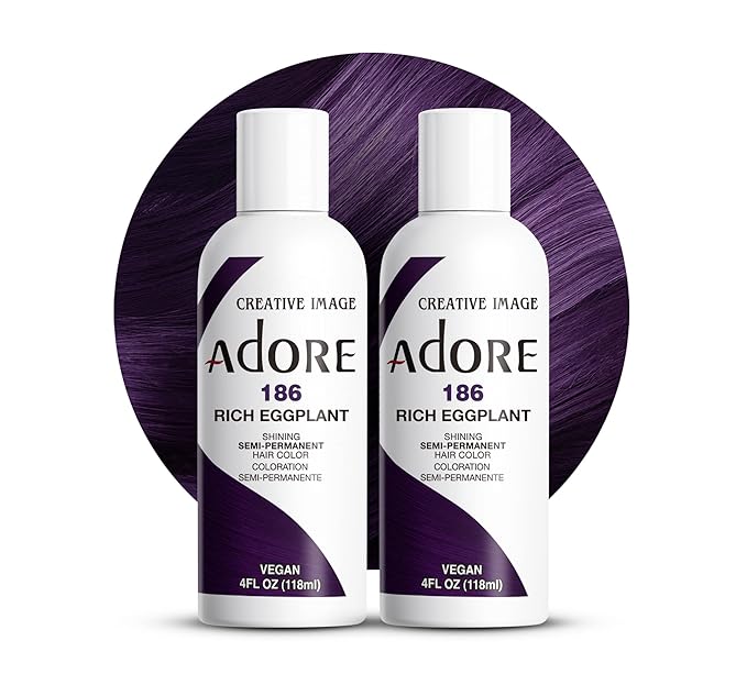 Adore Semi Permanent Hair Color (186 Rich Eggplant) | Vegan & Cruelty-Free Purple Hair Dye | No Ammonia, No Peroxide, No Alcohol | 4 Fl Oz Each (Pack of 2)