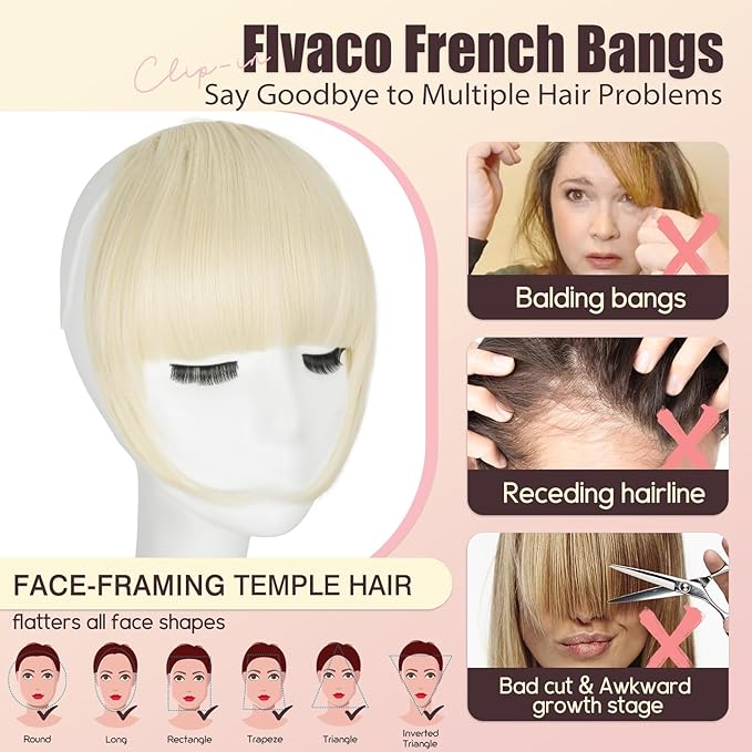 Clip in Bangs, Synthetic French Bangs Hair Clip, Bleach Blonde Fake Bangs Fringe with Temples Hairpieces for Women Natural Curved Hair Extensions for Daily Wear