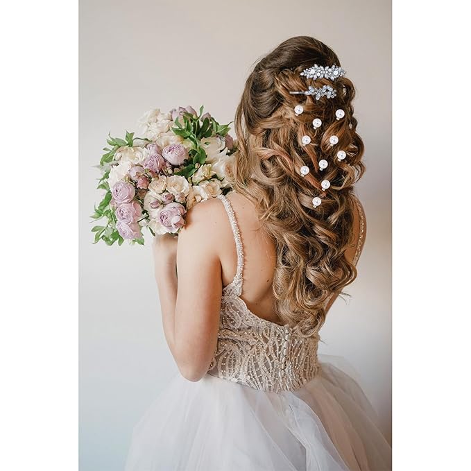 12 Pieces Rhinestone Hair Clips, Include 10 Pearl Mini Rhinestone Hair Pins, 2 Pieces Crystal Rhinestone Hair Clips Leaf Hair Pins Hair Accessories for Wedding, Party, Prom
