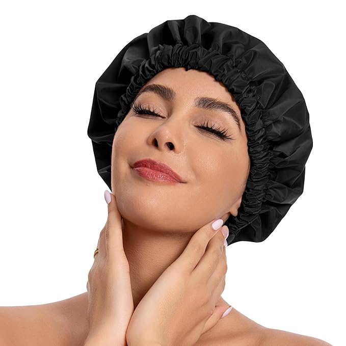 Reusable Shower Cap for Women, Stylish Large Waterproof Shower Bonnet Washable Wide Elastic Band Hair Cap for Long Hair, Braids Bath Hat(Black)