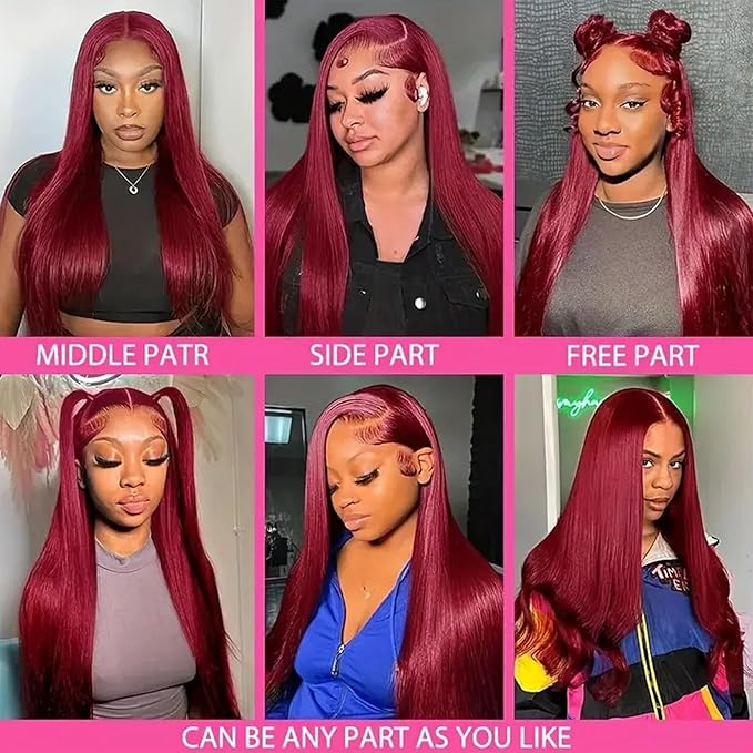 Burgundy Wig Human Hair 26inch 13x6 HD Transparent Lace Straight 99J Red Human Hair Wig Colored Reddish Brown Lace Frontal Wigs 180% Density Pre Plucked