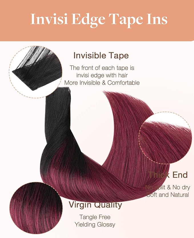 GOO GOO Invisi Edge Tape in Hair Extensions Human Hair, 1/99 Balayage Jet Black to Red, 20pcs 18inch 50g, Virgin Remy Hair, Seamless Injected Tape, Natural Look