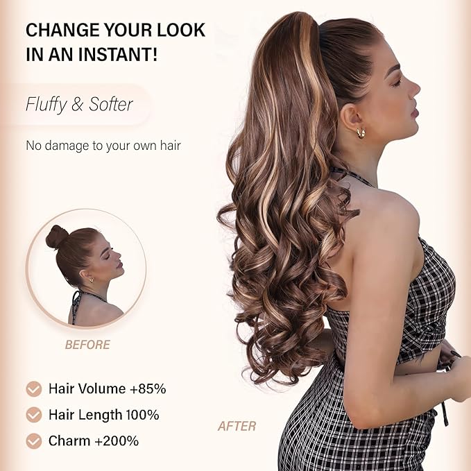 24 Inch Ponytail Extension, Layered Ponytail Extensions for Women, Soft Wavy Claw Clip in Ponytail Extension, Natural Synthetic Hair Pieces for Women (Color: Salt and Pepper)