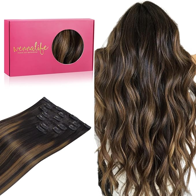 WENNALIFE Clip in Hair Extensions Real Human Hair, 14 Inch 110g 7pcs Remy Hair, Balayage Natural Black to Chestnut Brown Straight Natural Extensiones De Cabello Humano Con Clip Ins