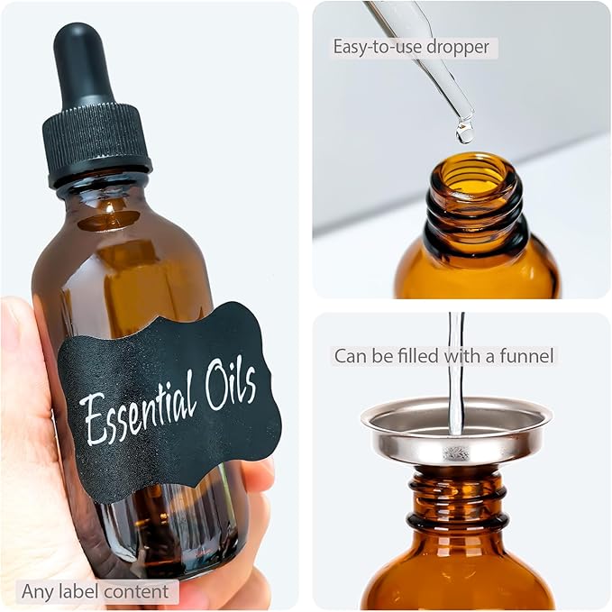 2 oz Amber Glass Dropper Bottles,4 Pack 60ml Empty Reusable Leak Proof Thick Tincture Bottles for Essential Oils,Hair Oil,Liquids,Laboratory,Pharmacist Bottle,Massage,Perfumery Aromatherapy