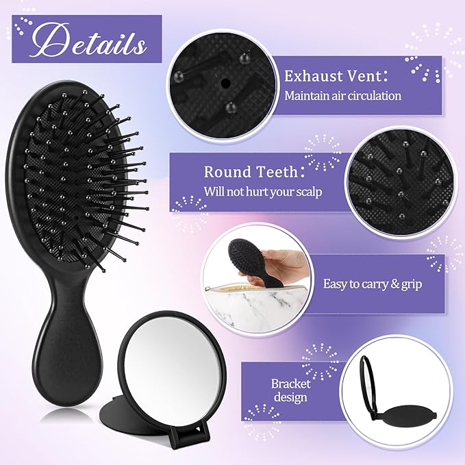 Meanplan 24 Pcs Mini Hair Brush Set 12 Travel Wet Dry Hair Combs Pocket Detangling 12 Compact Folding Makeup Mirrors for Spa Sleepover Birthday Bridal Shower Bachelorette Christmas Party Gift (Black)