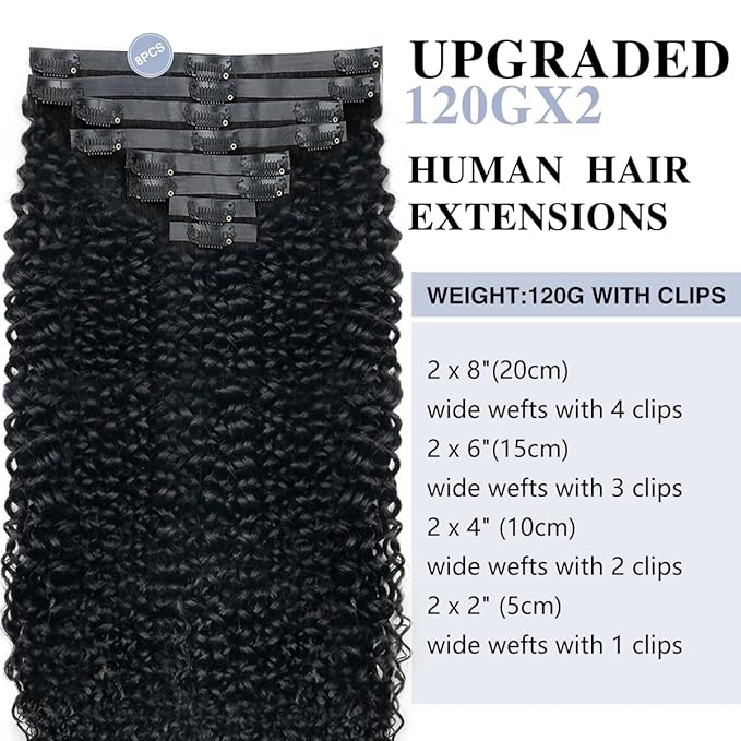Curly Clip in Hair Extensions Real Human Hair 2 Pack 240g Seamless Clip in Hair Extensions for Women Full Max with 16Pcs PU Skin Weft 18inch Natural Black