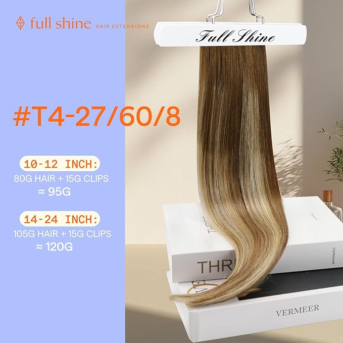 Full Shine Clip in Hair Extensions for Extra Long Real Remy Human Hair 22 Inch Brown Ombre Blonde Remy Hair Extensions Clip ins Straight Natural Hair Double Weft 7 Pcs 120 G