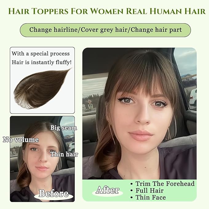 Hair Toppers for Women Real Human Hair, 360°3D Bangs Clip Human Toppers for Women with Thinning hair Realistic Scalp Line (Brown Black, 3D French Bangs(11 * 7))
