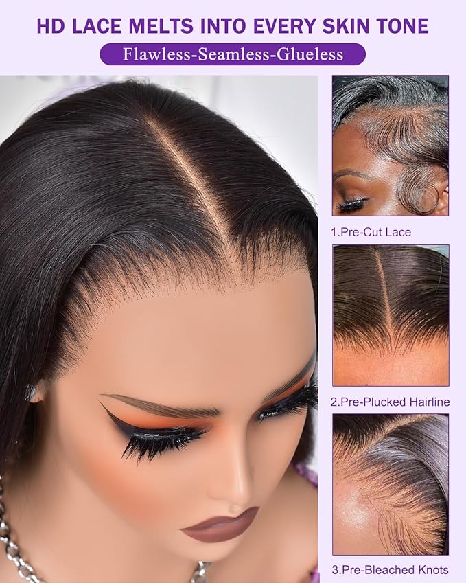 9x6 SKINLIKE Real HD Lace Closure Wig, Straight 180% Density 0.10mm Ultra-thin Swiss Lace Pre-plucked Bleached Small Knots With Baby Hair Natural Black Human Hair Wigs 24 Inch