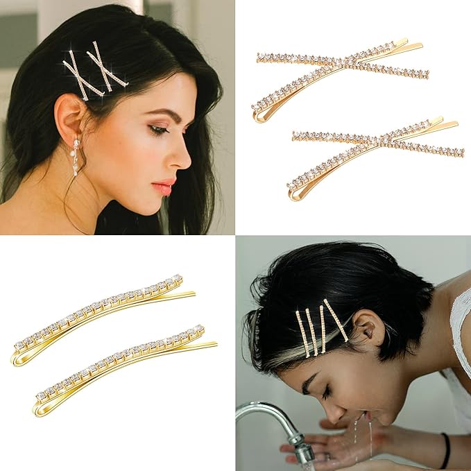 12 Pieces Rhinestone Bobby Pins Decorative Fancy Crystal Hair Clips Shiny Metal X Shaped Barrettes Bling Diamond Wedding Bridal Shower Hair Accessories for Women Ladies Girls (Gold)