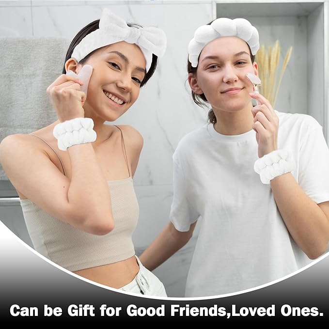 Zkptops 6Pcs Spa Headband for Washing Face Wristbands Set Women Bubble Skincare Makeup Sponge Terry Cloth Padded Puffy Headband Bow Tie Hairband Cute Non Slip Thick Hair Accessory Gifts (White)