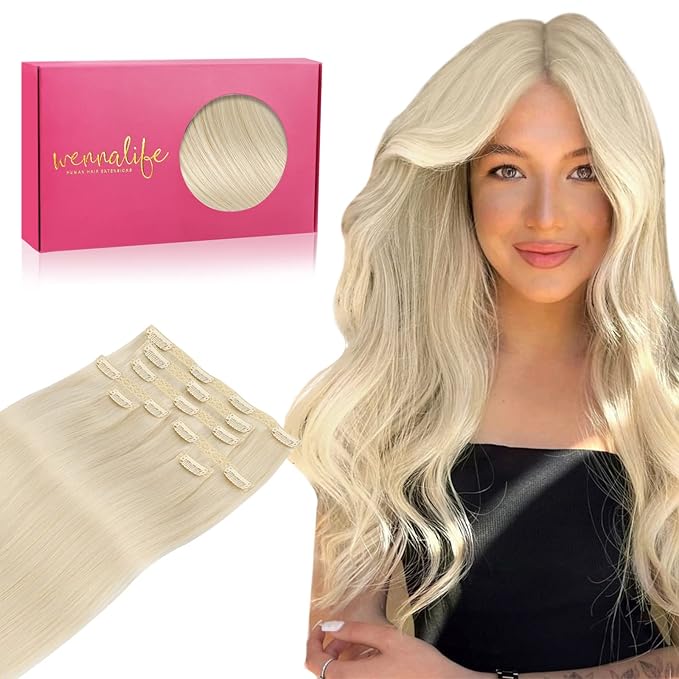 WENNALIFE Lace Seamless Clip in Hair Extensions Human Hair 7pcs Ultra Invisible 50% Thinner Seamless Clip Ins Platinum Blonde Natural Remy Hair 14 inch