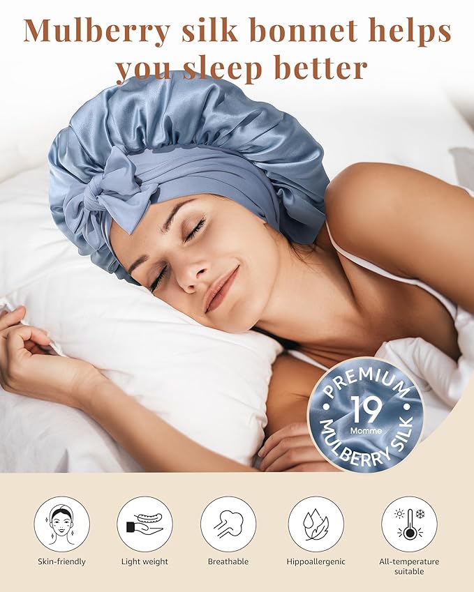AWAYTR Silk Bonnet for Sleeping Women 100% Mulberry Silk Bonnet with Band 2 Layer Reversible Hair Bonnet Sleeping Hair Wrap (Silk, Haze blue/Sky blue)