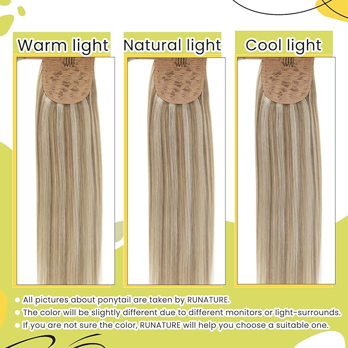 RUNATURE Real Hair Ponytail Extension, Human Hair Ponytail Extension for Women, Wrap Around Ponytail with Magic Paste, 16 Inch 80g #8P60 Ash Brown Highlight Platinum Blonde