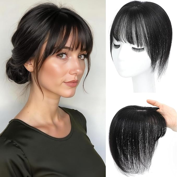 Hair Toppers for Women Real Human Hair Topper Clip in Bangs 360° Cover Remy Human Hair Straight Hairpieces for Thinning Realistic Scalp Swiss Lace Base Clip on Bangs Cover Gray Hairy Roots Black